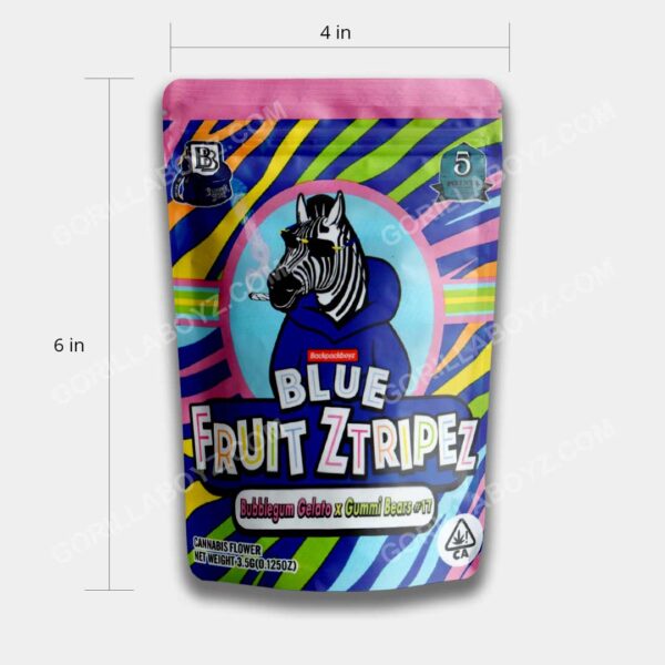 Blue Fruit Ztripez mylar bags dimensions 3.5 grams