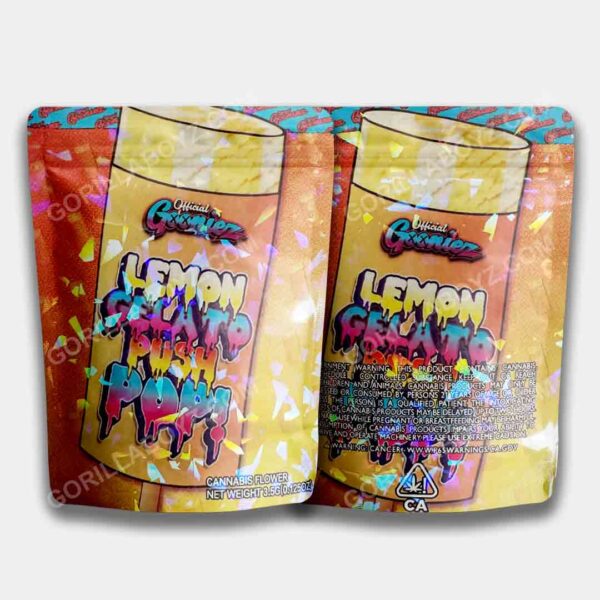 Lemon Gelato Push Pop Holographic mylar bags 3.5 grams